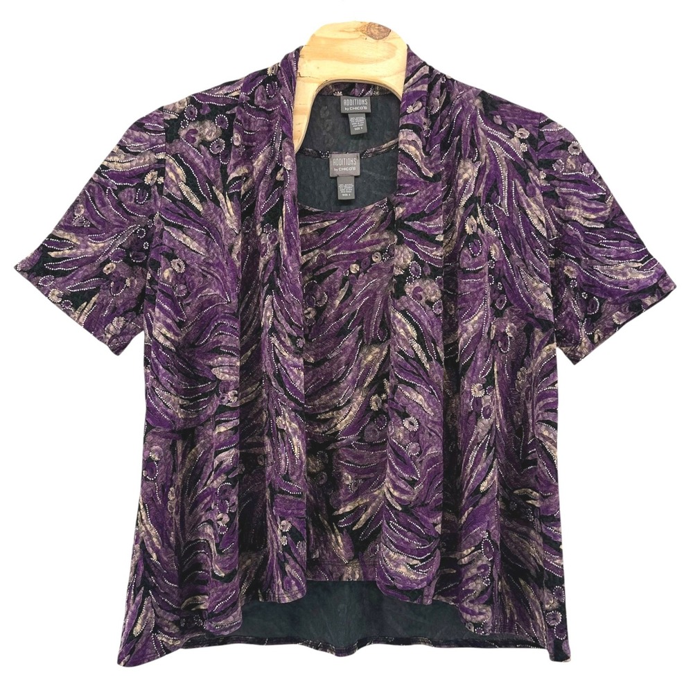 Additions by Chicos Women Purple Metallic Open Front Jacket Tank Set Size 3 (XL)